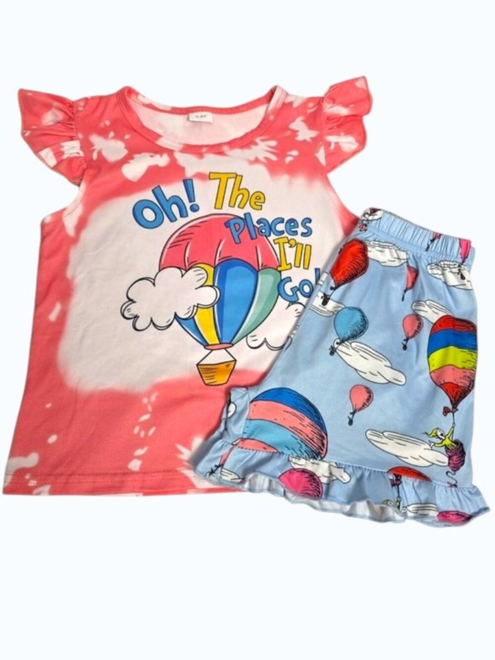 Girls Size 5-6 Hot Air Balloon 2-Piece Shorts Set Pink & Light Blue T15